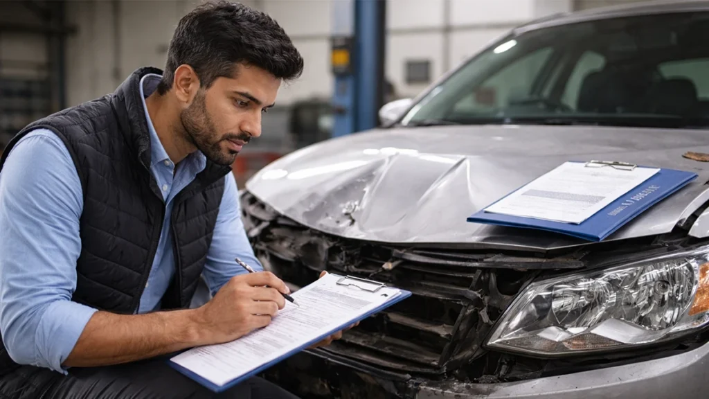 Insurance surveyor inspecting claim documents and verifying damage