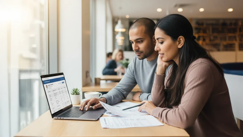 Indian travelers comparing travel insurance plans online before international trip